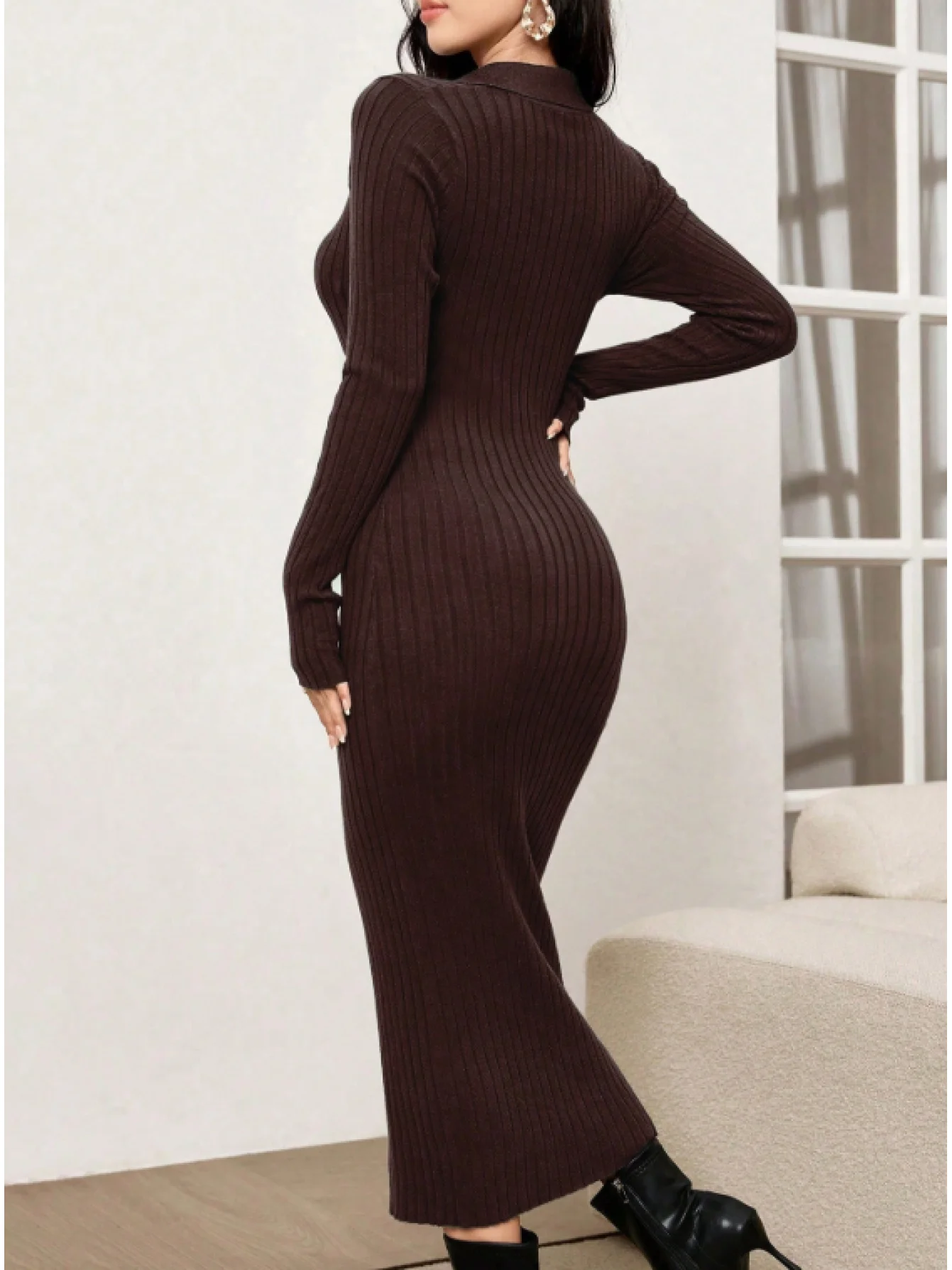 気質のある襟付き長袖セーター、エレガントなレディーススリムフィットセータードレス、秋冬ファッション