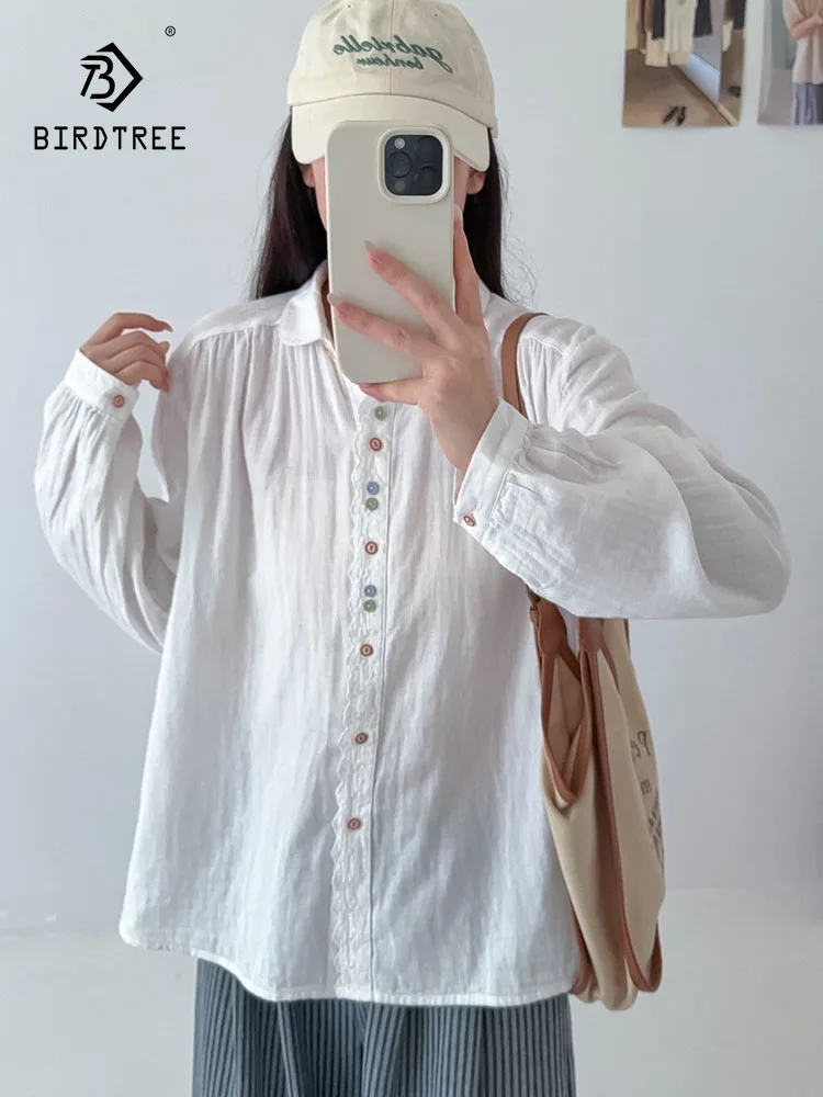 New 2025 Autumn Cotton Yarn Long Sleeve Shirt, Women Turn-down Collar Lace, Mori Girl Colorful Buttons Loose Blouse T5O456CC
