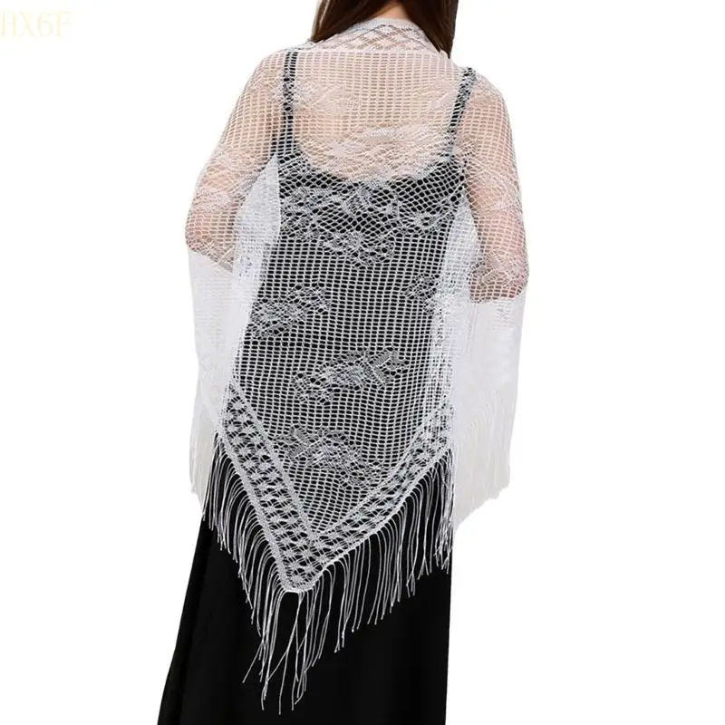

HX6F Trendy Triangle Scarf with Flower and Tassels Designs for Women Girl Night Event