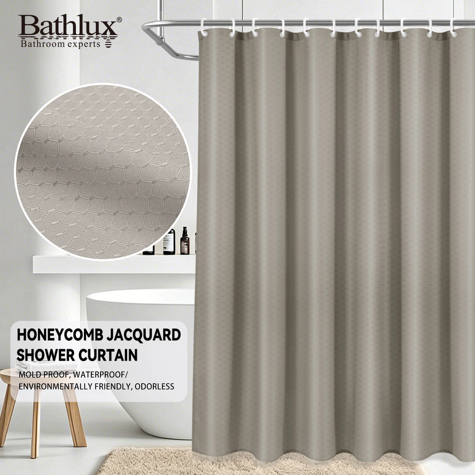 

BATHLUX Honeycomb Jacquard Polyester Fabric Shower Curtain Waterproof & Mildew Resistant 72x72 Inch with 12 Hooks Bathroom Decor