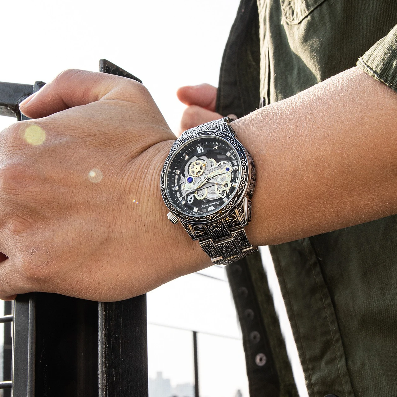 Men’s Punk Gothic Quartz Watch Black Engraved Dial Hip Hop Streetwear Style Fashion Casual Wristwatch Unique Y2K Watch for Men