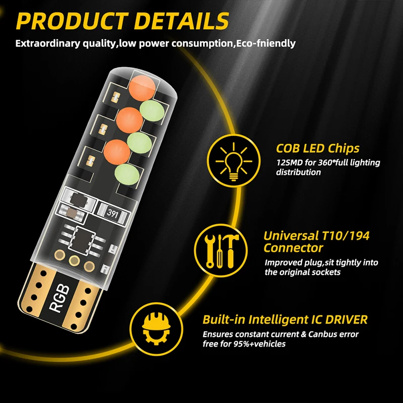 1set T10 W5w RGB LED Bulb Remote Control COB Lamp Car Interior Lighting Reading Wedge Dome Trunk License Plate Light 12V