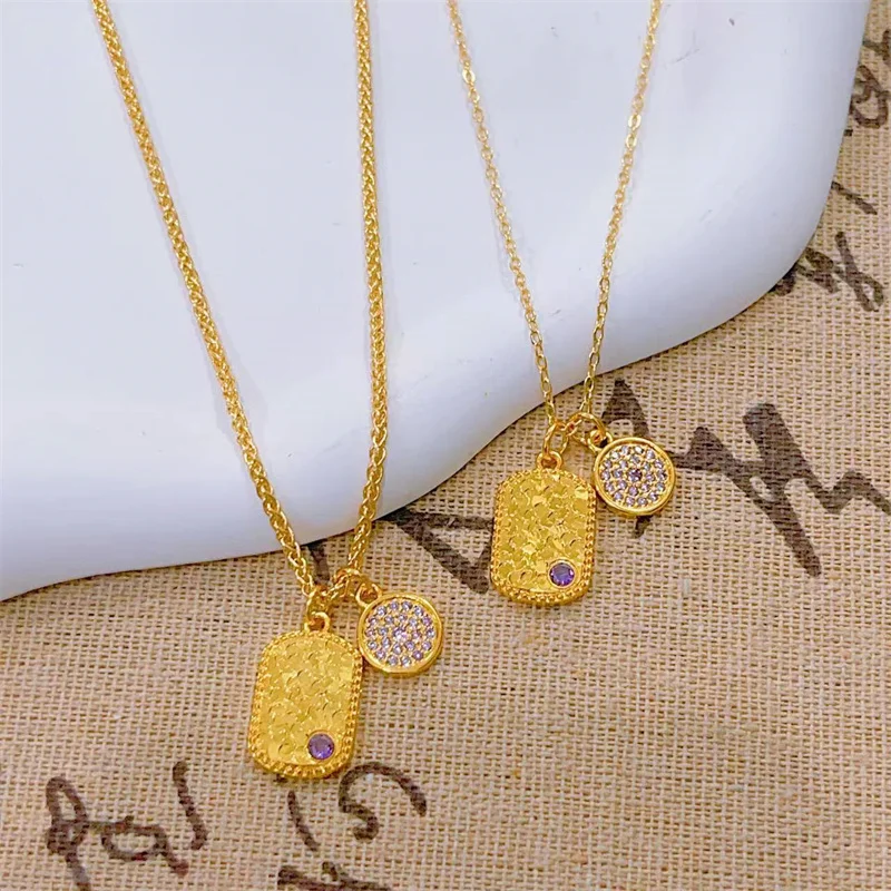 Vintage 18K Gold AU750 Necklace with Purple Diamonds,Square Circle Pendant,Dainty Clavicle Chain for Women,Party Engagement Gift