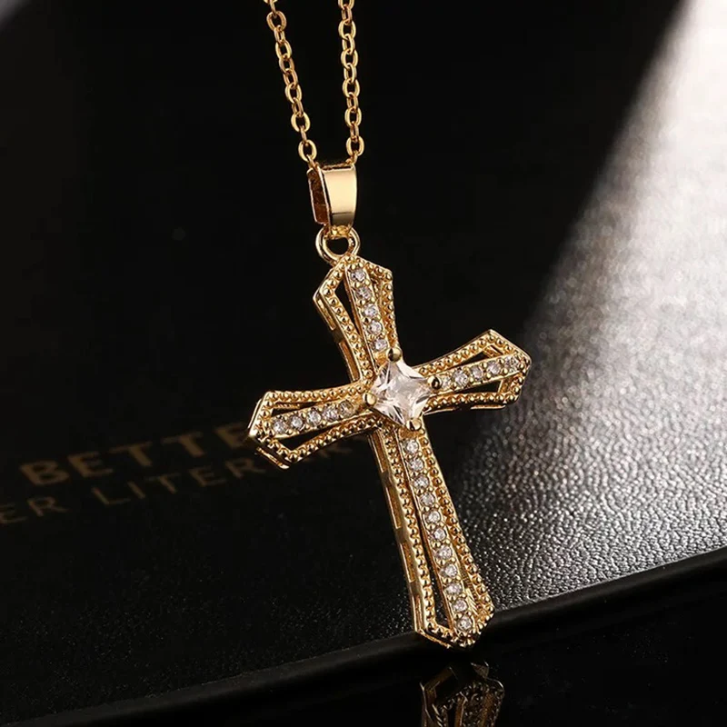 

New Cross Zircon Necklace for Women Men Gold Plated Stainless Steel Clavicle Chain Necklaces Vintage Religion Aesthetic Jewelry