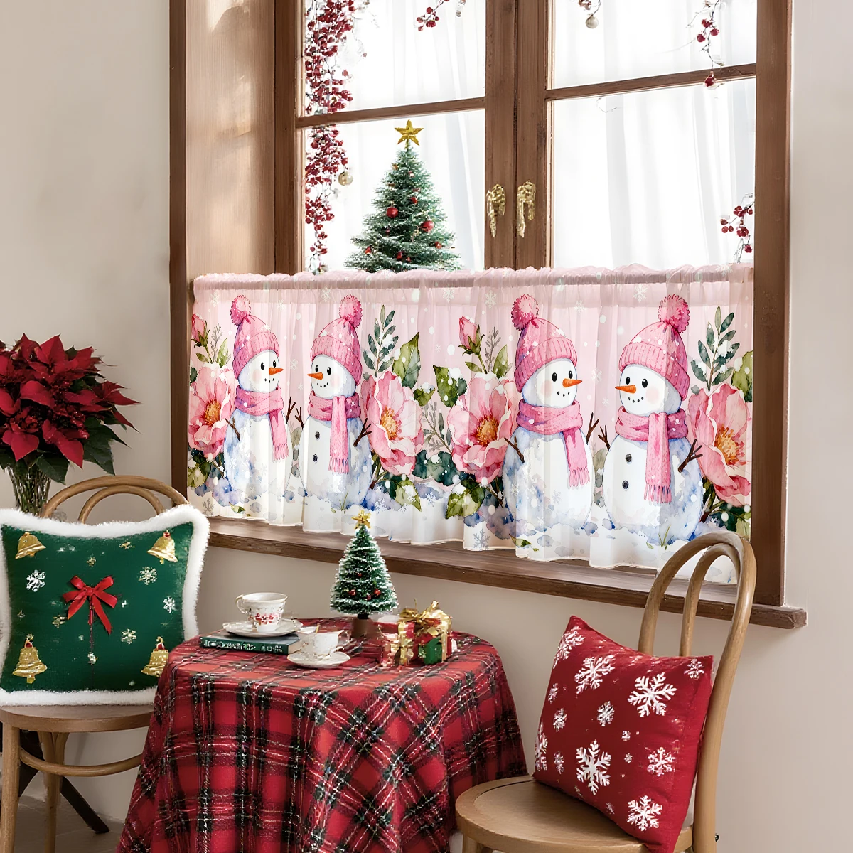 1 Piece of Pastel-Colored Christmas Decorative Printed Curtain - Christmas Animal Design, 100% Polyester Fiber Light-Filtering Rod Pocket Curtain, Suitable for Small Windows/Kitchen/Bedroom/Dining Room, Machine Washable and Easy to Install, Christmas Decoration, Holiday-Themed Fabric, Smooth Material