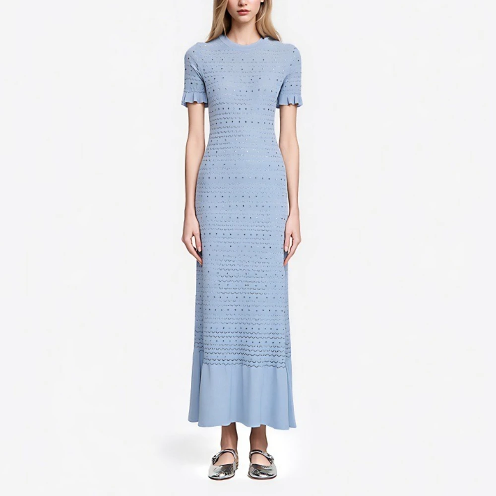 High-end Quality Lotus Leaf Knitted Dress Light Blue Round Neck Short Sleeve Hollow Hot Drill Sleeve Commuter Women's Clothing