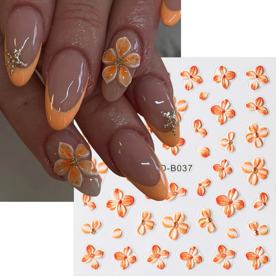 2pcs Orange Flower Nail Sticker Decals Charms Autumn Flowers Bloom Nail Art Adhesive Slider Decorations Accessories Manicure