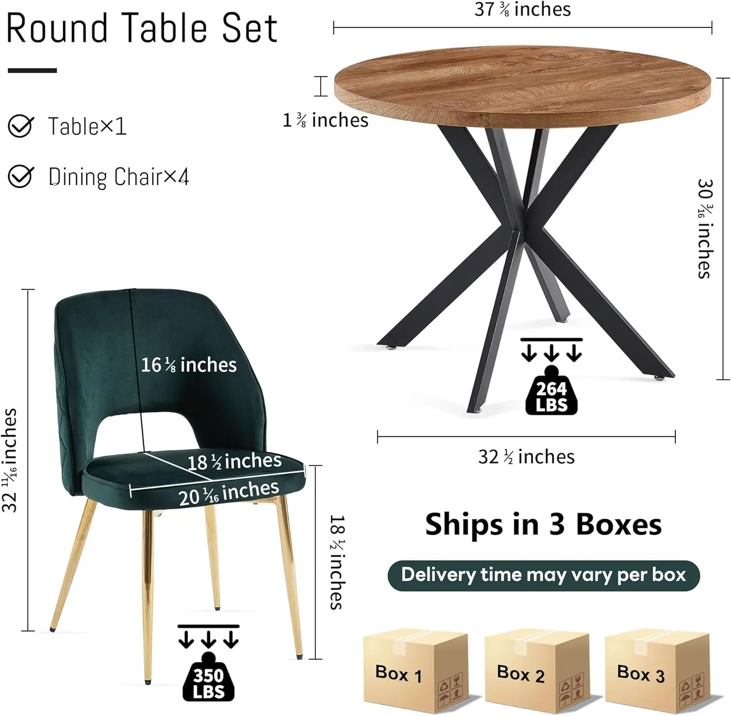 5-Pieces 37-Inch Dining Table Set for 4 - Space Saving Round Table and Chairs with 4 Seaters Velvet Upholstered Chairs for