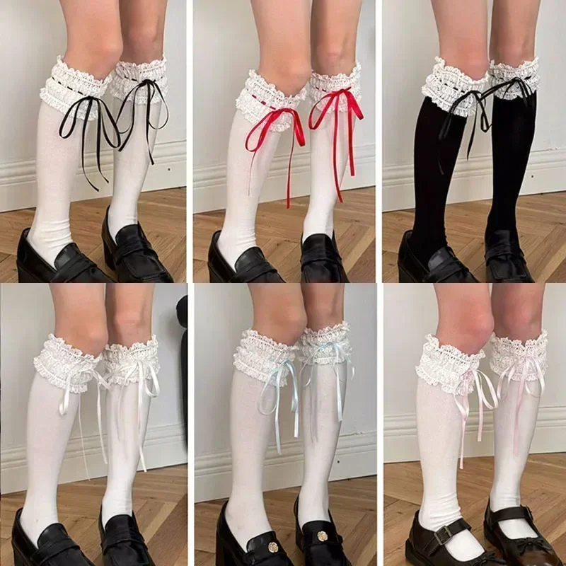 Japońska Lolita koronkowe bawełniane skarpetki do łydki słodka kokardka wstążka Kawaii damskie długie skarpetki sznurek JK akcesoria Cosplay