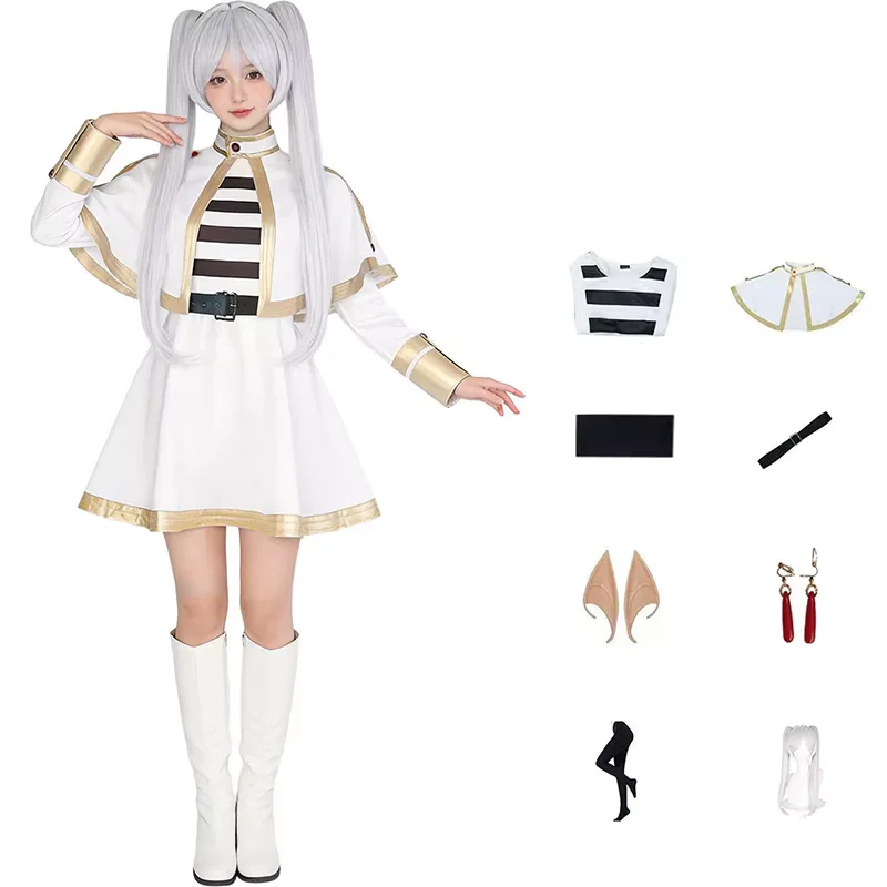 2026 New Character Frieren Anime Women Cosplay Dress Wig Grey With Elf Ears Stockings For Magician Outfits Halloween Party Set