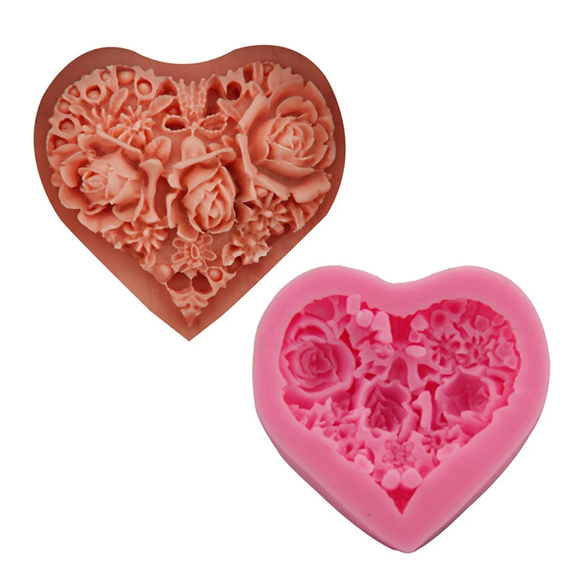 3D Rose Flower Bouquet Loving Heart Shape Valentine's Day Gift Present Fondant Cake Mold Silicone Sugar Chocolate Mould