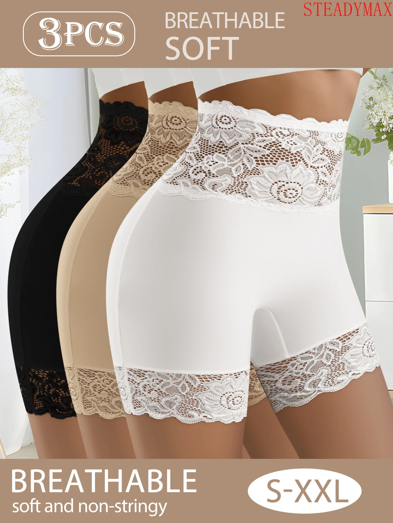 Women 3Pcs High Waist Shaping Briefs Seamless Tummy Control Underwear Contrast Floral Lace All Day Comfort Body Shaper Panties
