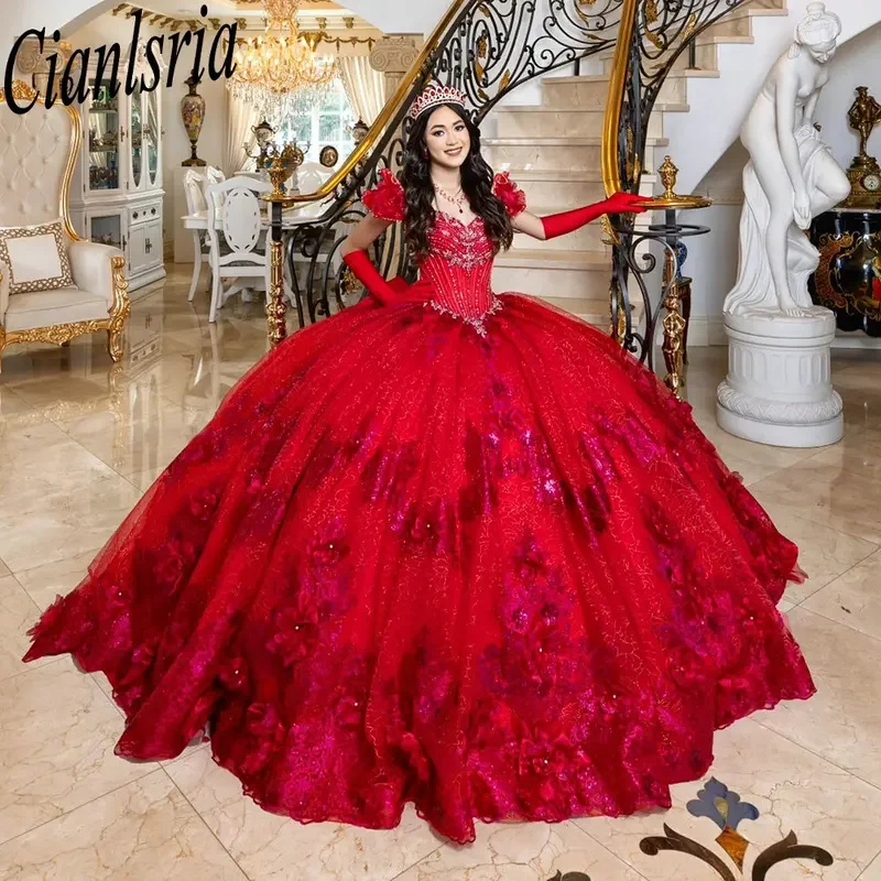 

Red Off The Shoulder Bow Quinceanera Dresses Ball Gown 3D Flowers Appliques Beading Corset Vestidos De XV Anos