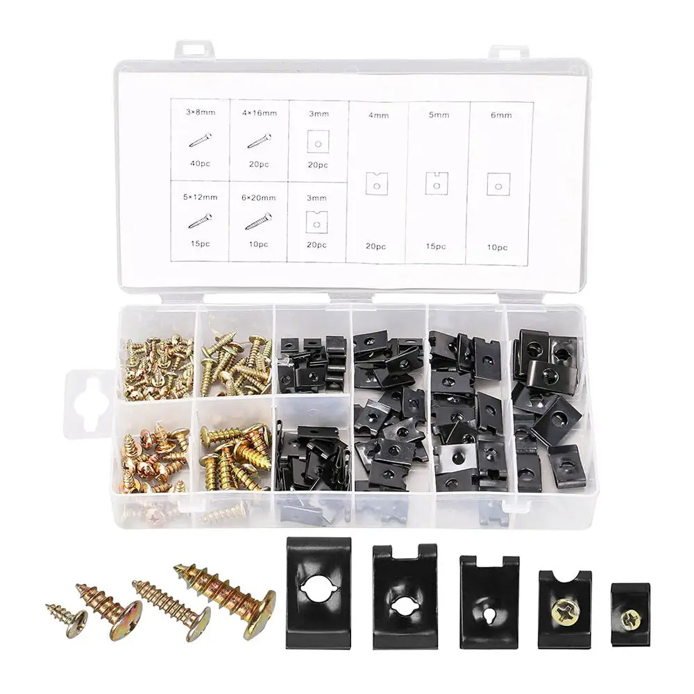 170pcs Chassis Engine Guard Metal Nut Screw Washers U-shape Clip Car Fender Bumper Cross Head Screws Auto Fastener Clips