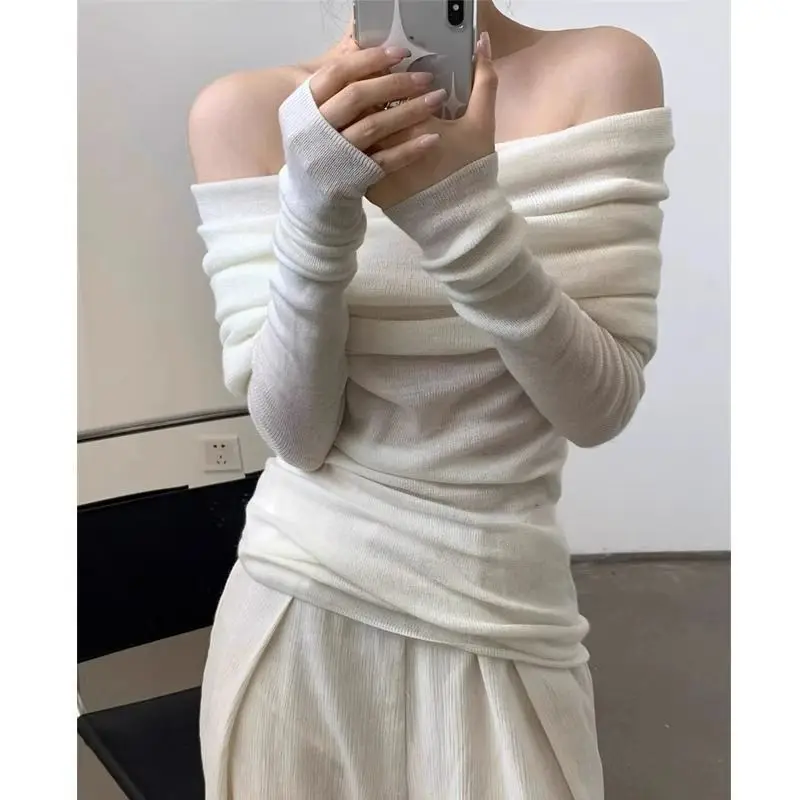 One Shoulder Knitting Spring Women Undershirt Texture All-match Strapless French Clavicle Solid Color Slim Comfortable Tops