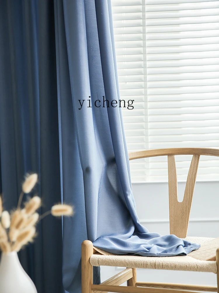 ZZ Custom Blue Curtain Sheer Curtain Light-Filtering Privacy Thick Chiffon Sheer Semi-Blackout Balcony Tencel