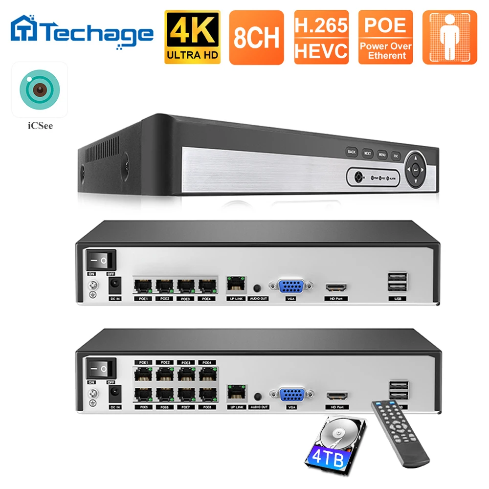 H.265 4CH 8CH 1080P 5MP 8MP 4K Ultra HD POE NVR  Network Face Detection Video Recorder For Security POE IP Camera ONVIF