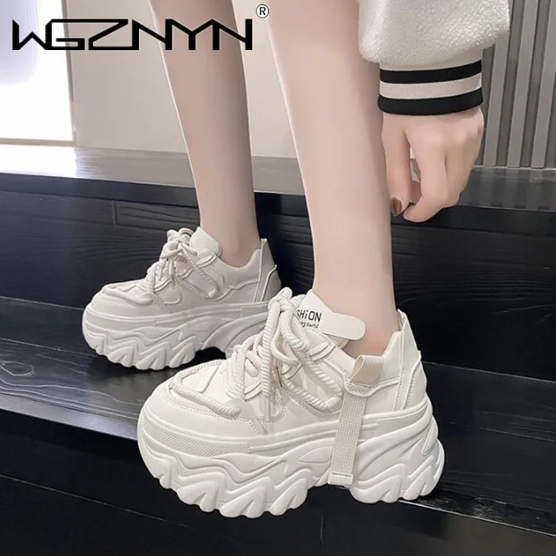 

High Platform Sneakers 8CM Wedge Heels Leather Walking Shoes Woman New Autumn Winter Warm Vulcanize Shoes Female Chunky Sneakers