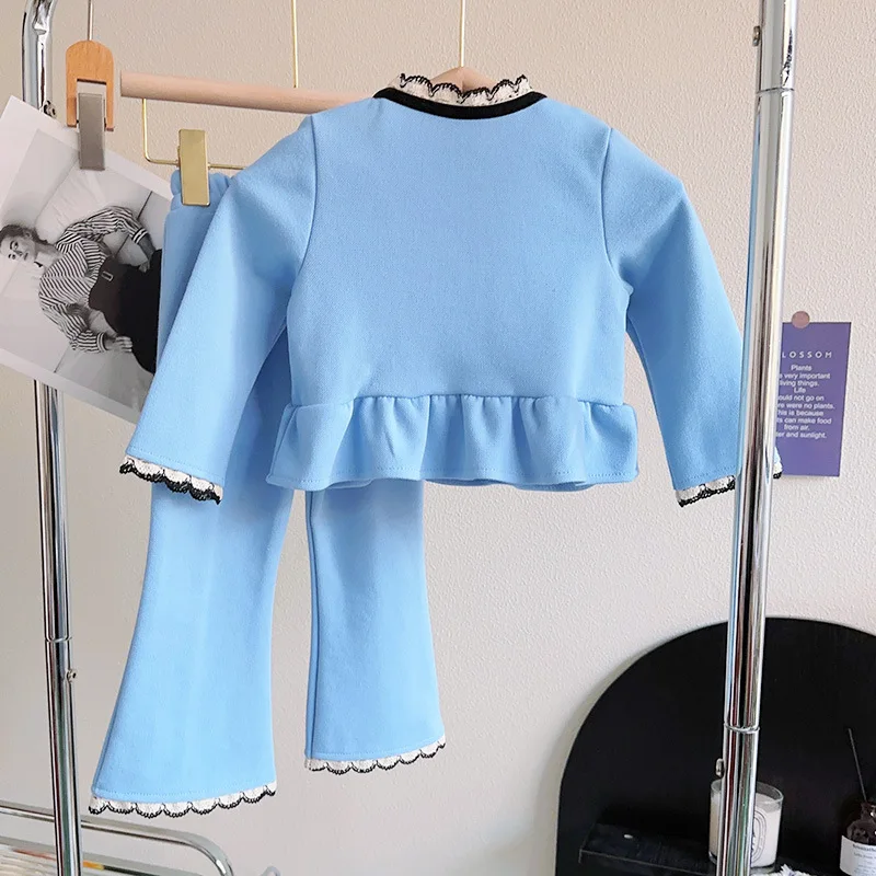 Larua kors conjunto de roupas coreano menina inverno manga longa botão de lã babados azul camisola bonito 2 pçs define meninas roupas 18m-6t