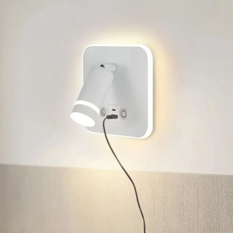 LED Wall Reading Light With USB Port & AC Outlet Adjustable Spotlight Bedside Lamp For Bedroom Hotel Headboard Night Light Black
