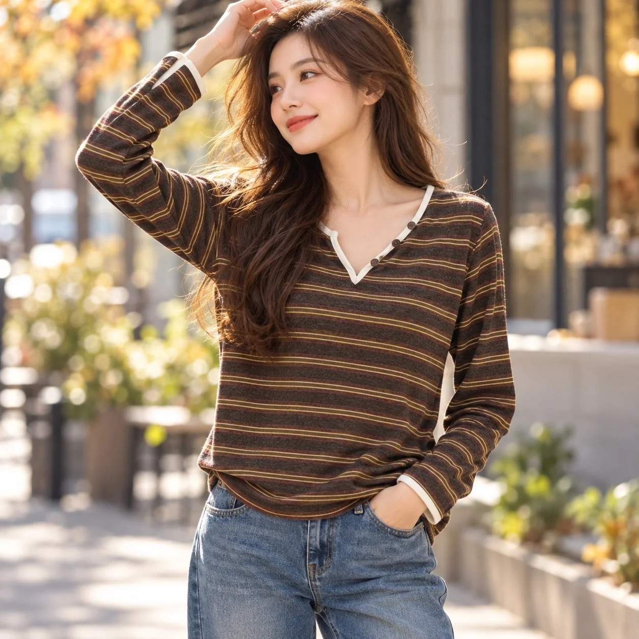 V Neck Striped Top with Button Closure Regular Fit Casual Commuter Chic Long Sleeve Washed Finish Women T Shirts Autumn Winter