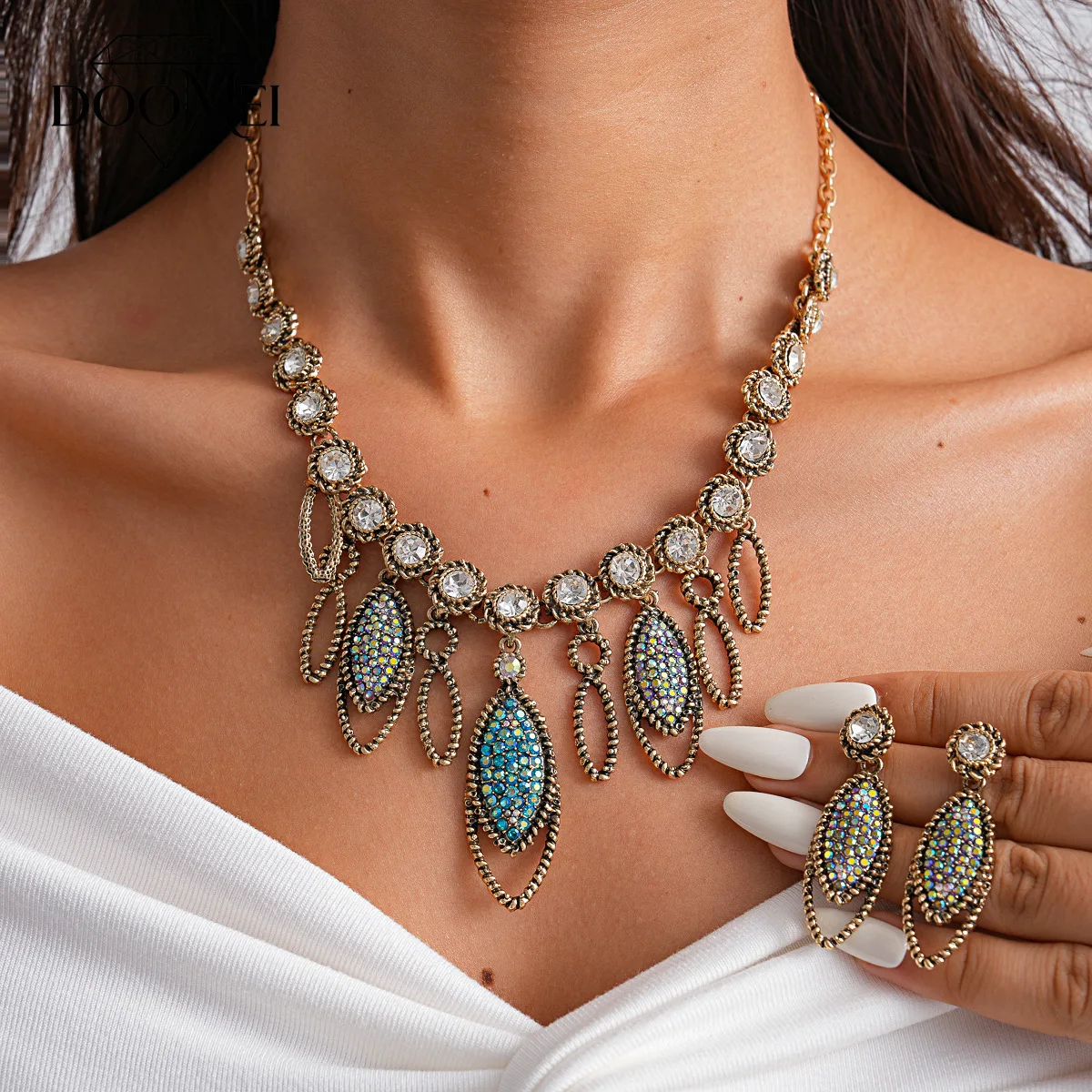 DOO MEI Vintage Rhinestone Jewelry Set for Women Plated Crystal Necklace and Earrings Wedding Banquet Party Fashion Ornaments