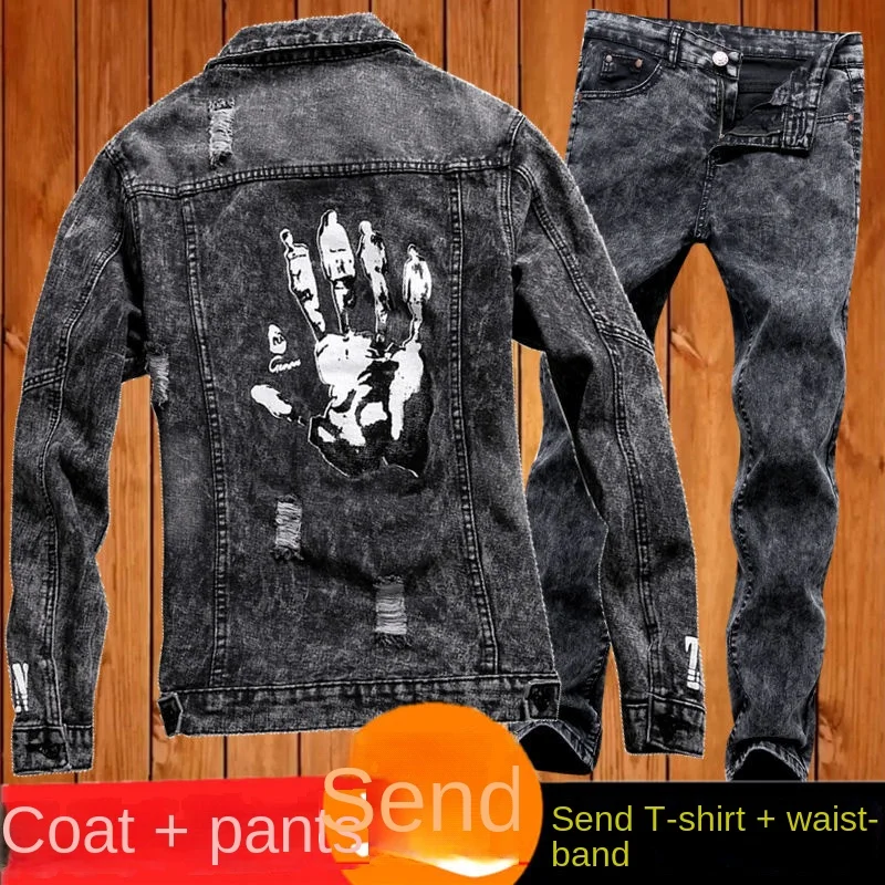 High end denim jacket trousers suit Spring and Autumn Korean version Slim fitting youth fashion casual popular