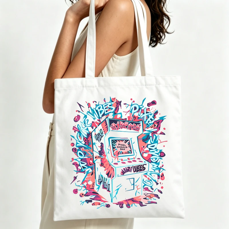 arcade machine graphic canvas tote bag with street art style, ideal for casual outings and urban shopping