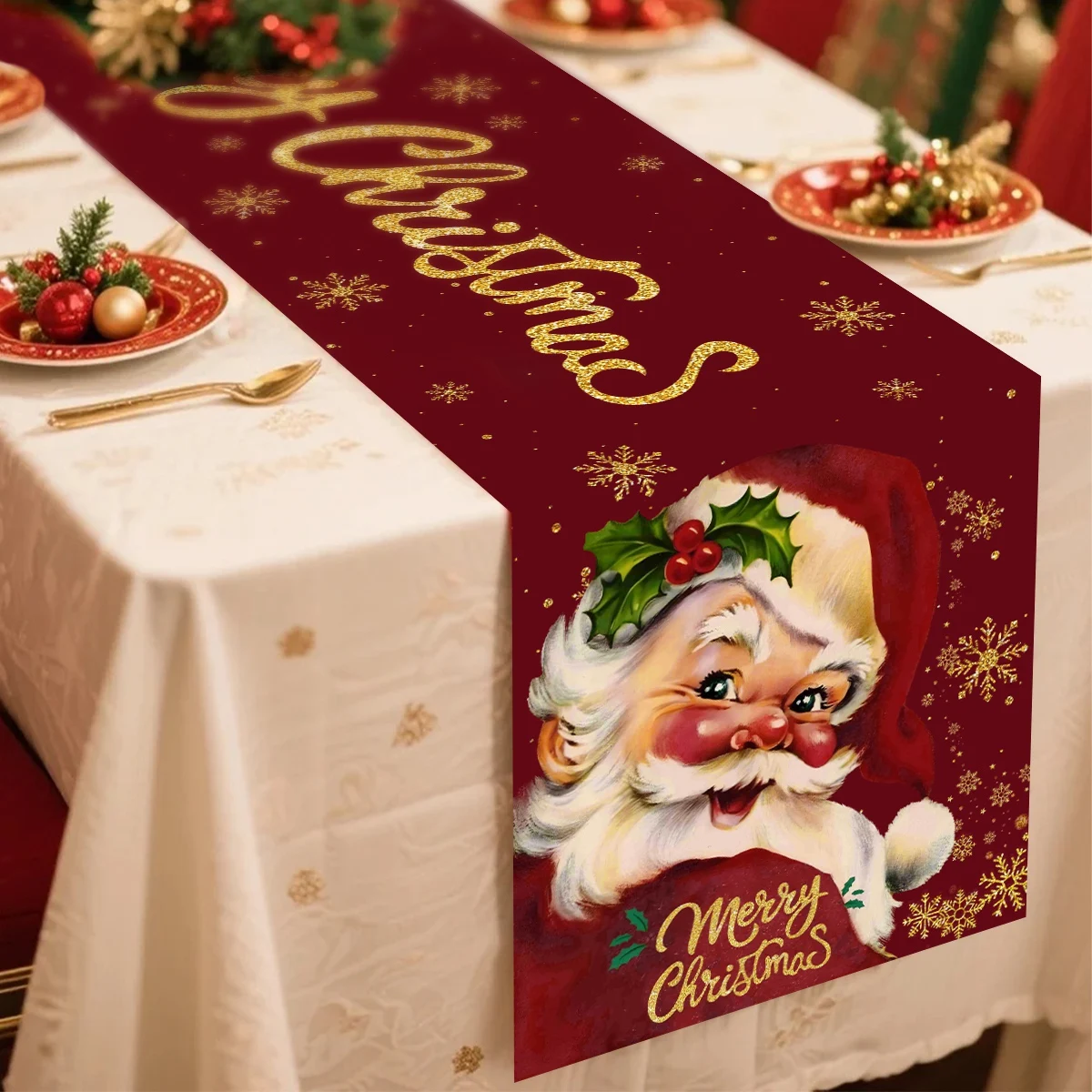 عيد ميلاد سعيد سانتا كلوز الجدول عداء زينة عيد الميلاد للمنزل 2025 الشتاء عطلة المطبخ طاولة طعام ديكور هدايا نافيداد