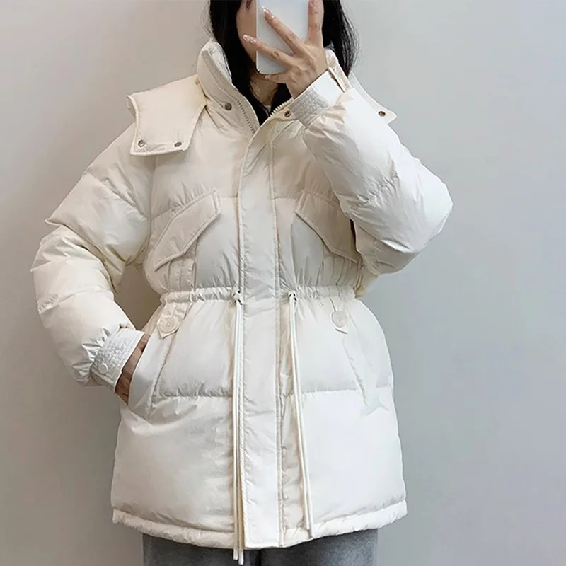 Women\'s Lightweight Puffer Jacket, Hooded Parker Coat, Drawstring Waist Coat, Warm White Duck Down, Winter, 2024