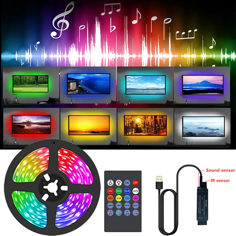 

Светодиодная лента RGB 5050, подсветка телевизора с питанием от USB, меняющая цвет, режим голосового управления, синхронизация музыки для украшения комнаты, телевизора