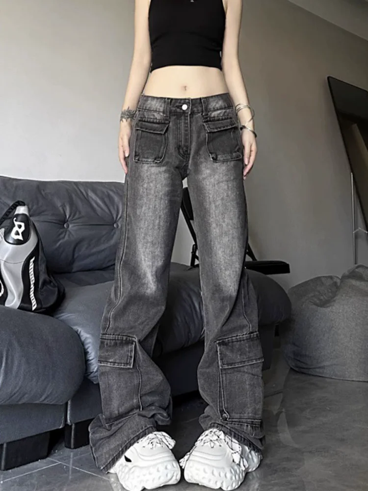 Gradient Pocket Straight Leg Jeans Fashion Streetwear Women's Casual Vaqueros Straight Wide Leg Vintage Loose Denim Pants