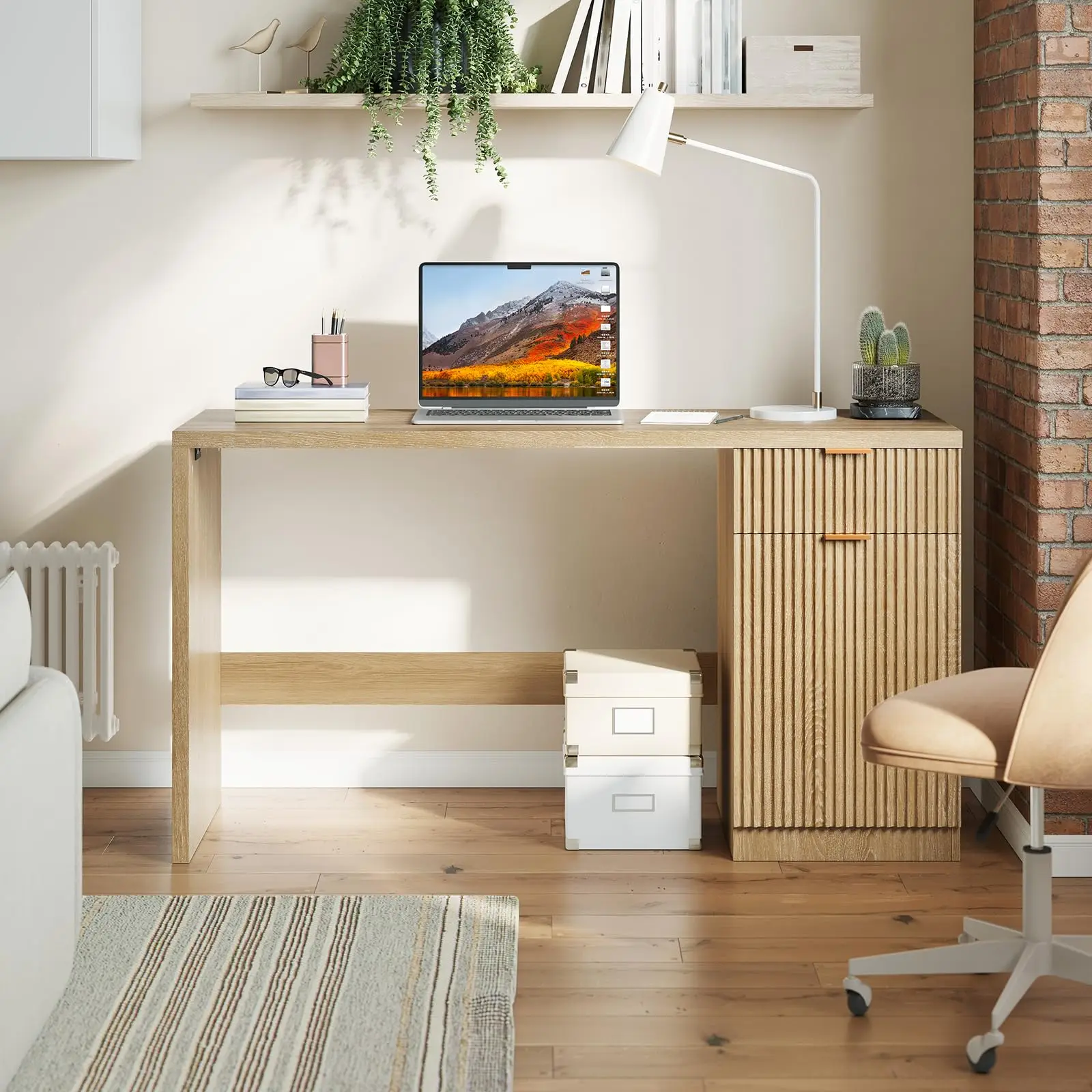 

GarveeHome 60" Executive Desk with Storage, Modern Home Office Desk with Drawer & Cabinet, Wood Fluted Computer Desks Workstati