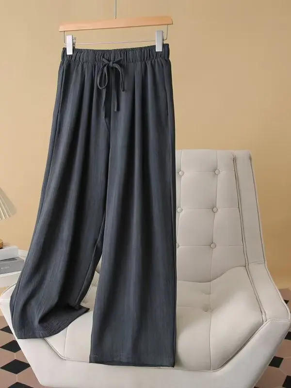plus Size Women's Casual Pants High Waist Straight Leg Drawstring Wide Leg Loose Fitting Summer Slimming Korean Style