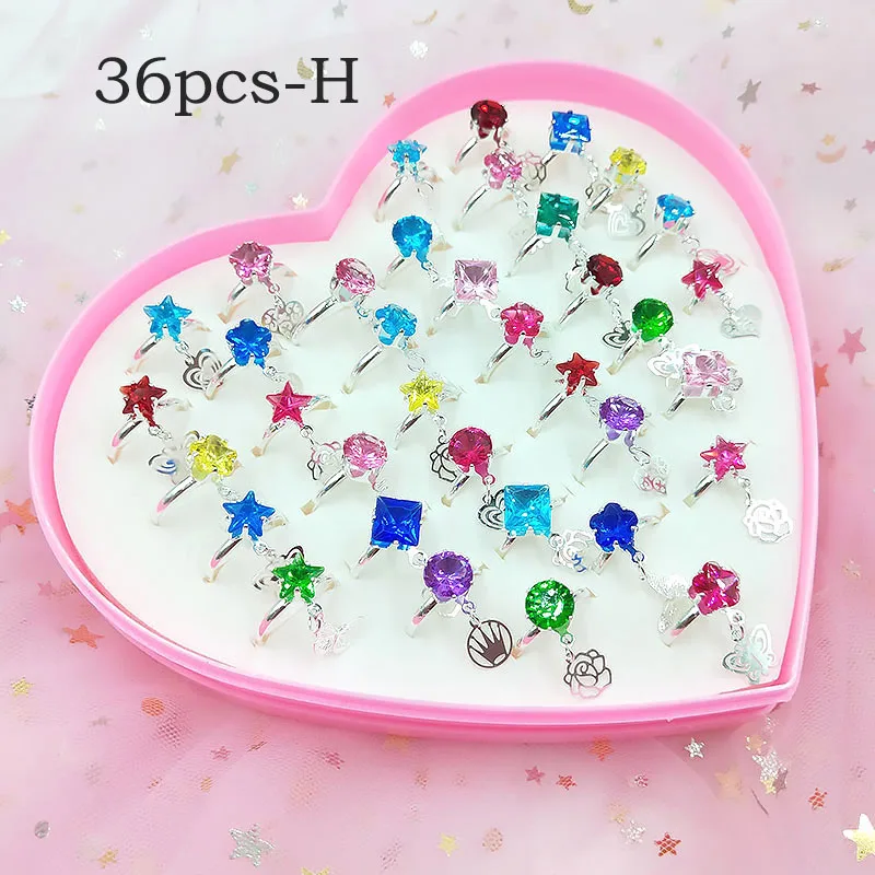 12/36 Pcs Adjustable Alloy Baby Girl Rings with Heart Shaped Box Cartoon Mix Finger Jewellery Rings Kid Girls Toys Random Color