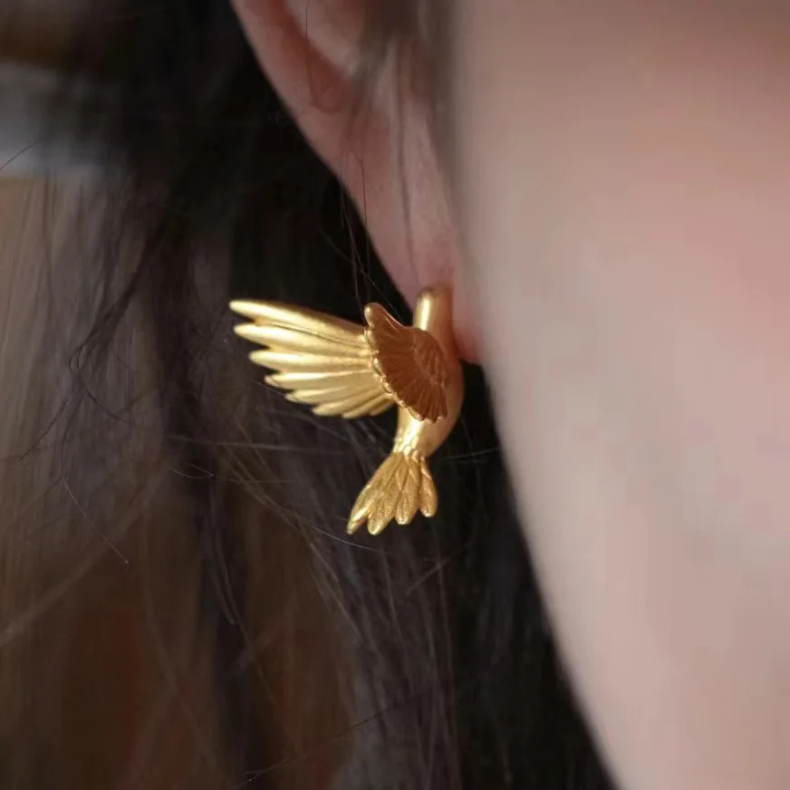 Elegant Gold Color Bird Stud Earrings 3D Spread Your Wings and Fly Dickey Earrings for Women Men Jewelry Gifts