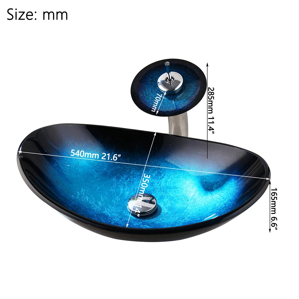 Oval Tempered Glass Vessel Sink Set Waterfall Faucet Blue Gradient Art Bathroom Basin Countertop Mount Sink with Pop-up Drain