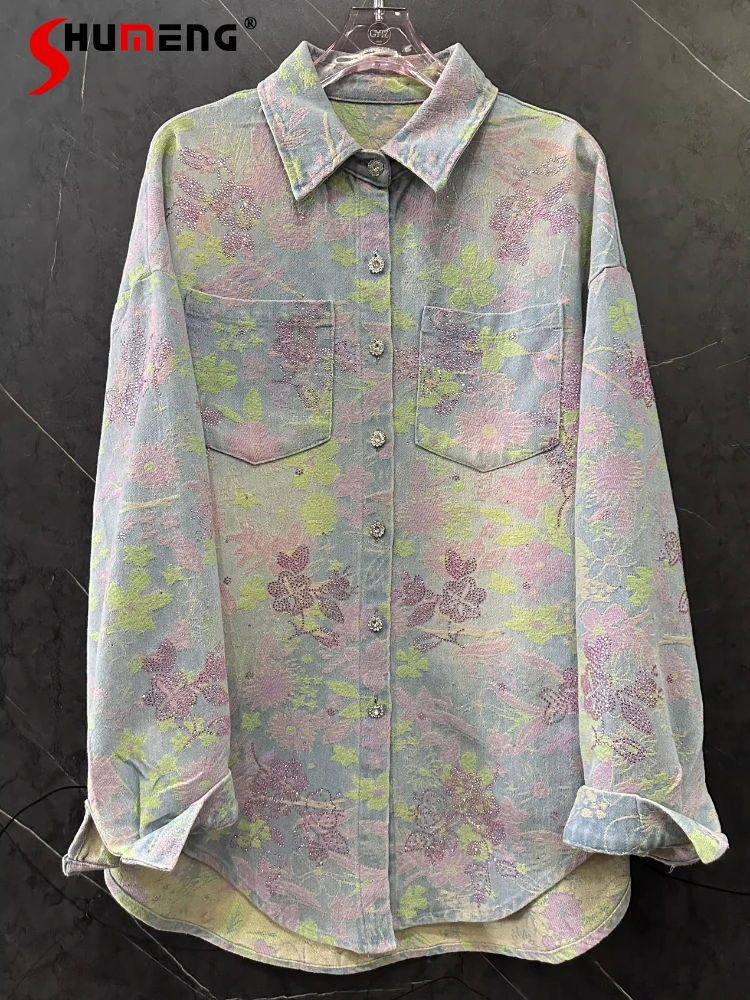 

Женские джинсовые рубашки-куртки с жаккардовым узором и стразами, весна 2026, новинка, свободный крой, комфортные, модные топы