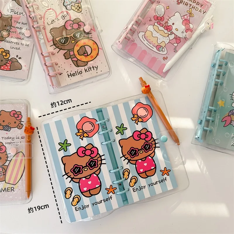 Sanrio Hello Kitty Notebook with Kt Pen Shell Student Cartoon 6 Holes Handbook Clip Anime Stationery Clip A6 Loose-leaf Folder