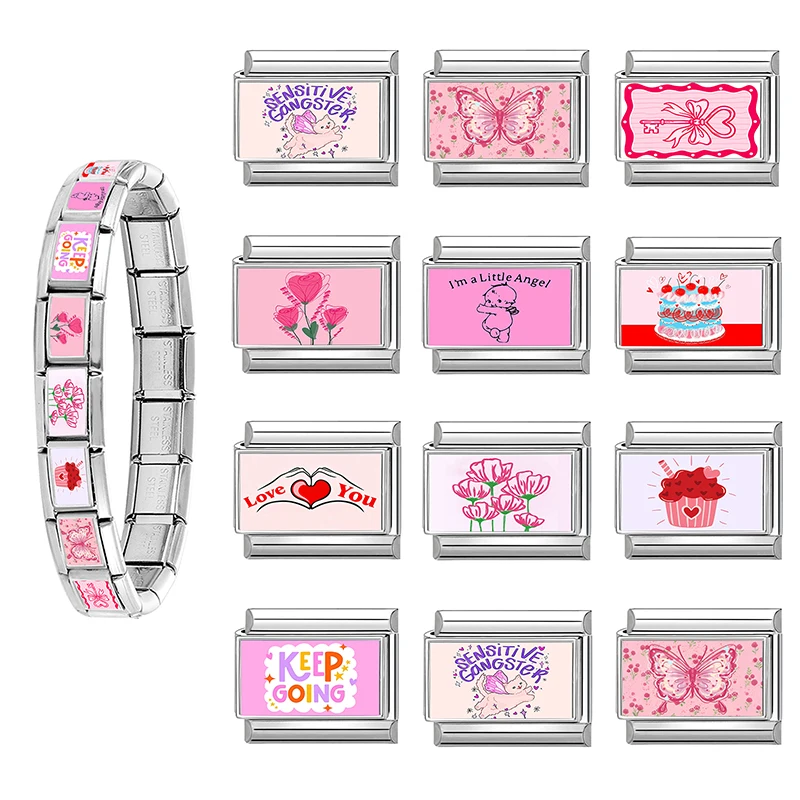 Y2K DIY Pink Charm Sweet Cake Cat Heart Bow Key Butterfly Italian Charm Links Fit 9MM Stainless Steel Bracelet Jewelry Making - view 5