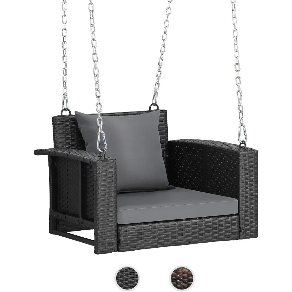 

2.2 FT 1-Person Use Rattan Porch Swing Outdoor Support 440 LBS with Cushions & Adjustable Chains, Patio Wicker Swing Bench Chai