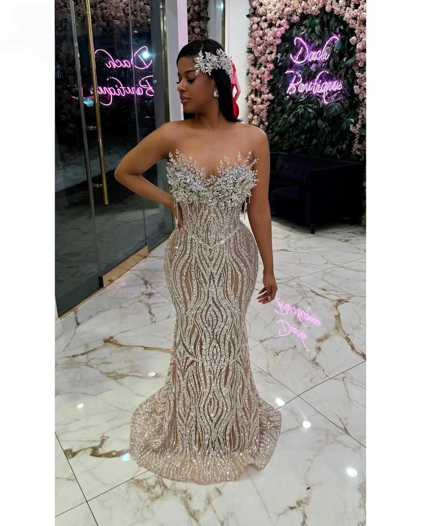 Silver Long Prom Dresses For Black Girls Sweetheart Beaded Sparkly South African Evening Gowns Birthday Party Robe Customized