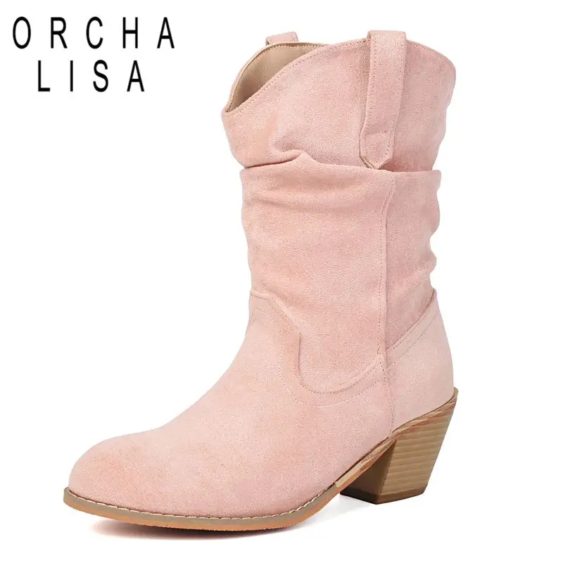 

ORCHA LISA 2025 New Western Boots Round Toe Flock Suede Chunky Heels 6cm Slip On Plus Size 45 46 47 Fashion Soft Daily Booties
