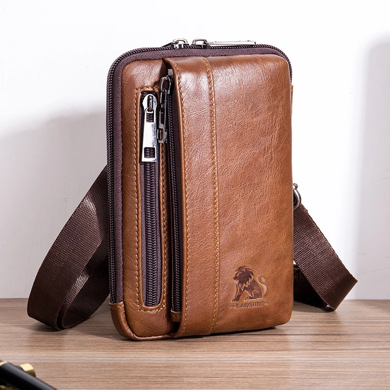 Genuine leather men's waist bag, cowhide multifunctional phone bag, can be worn with a belt hook