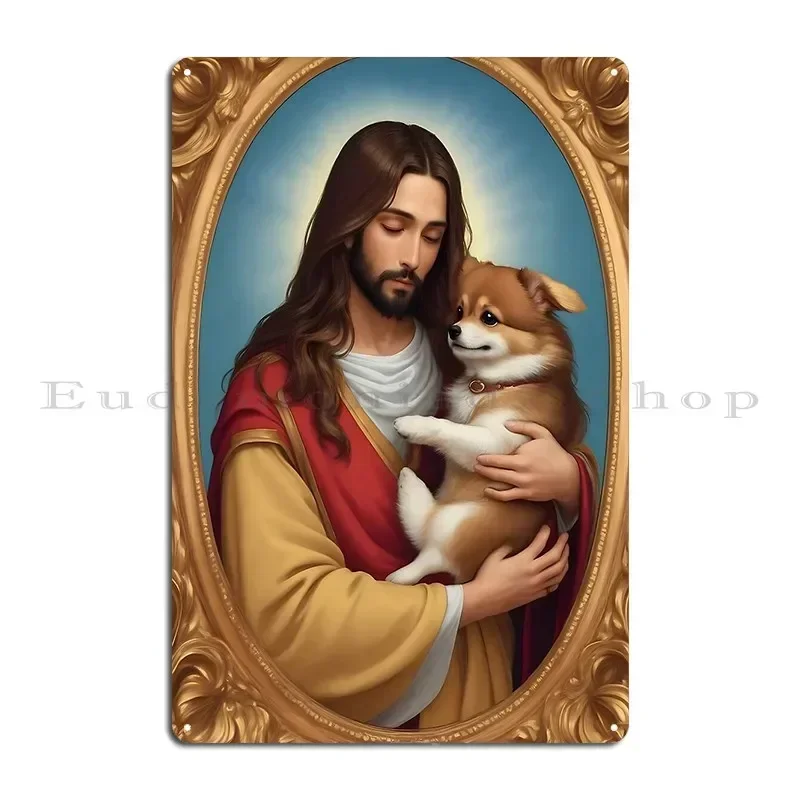 Jesus Carrying A Pomeranian Metal Sign Wall Mural Kitchen Personalized Cinema Bar Tin Sign Poster