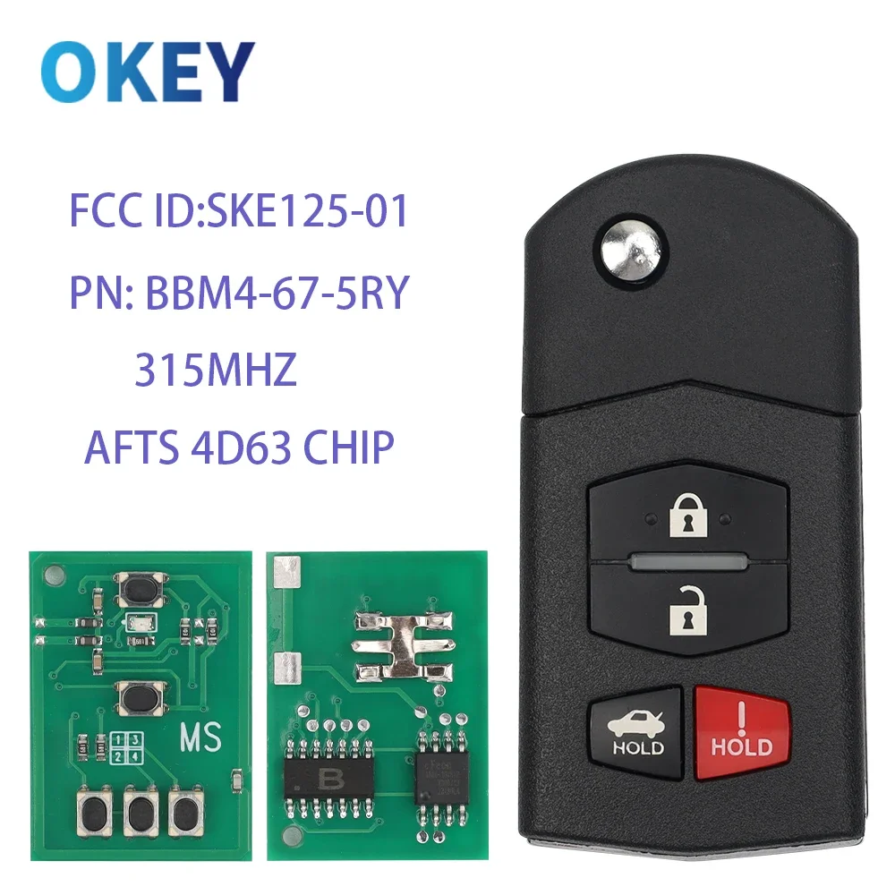 

Okey Remote Flip Car Key 315Mhz 4D63 AFTS Chip For Mazda 2 3 5 6 8 CX-7 CX-9 MX-5 BGBX1T478 SKE125-01 Fob 3/4 Buttons