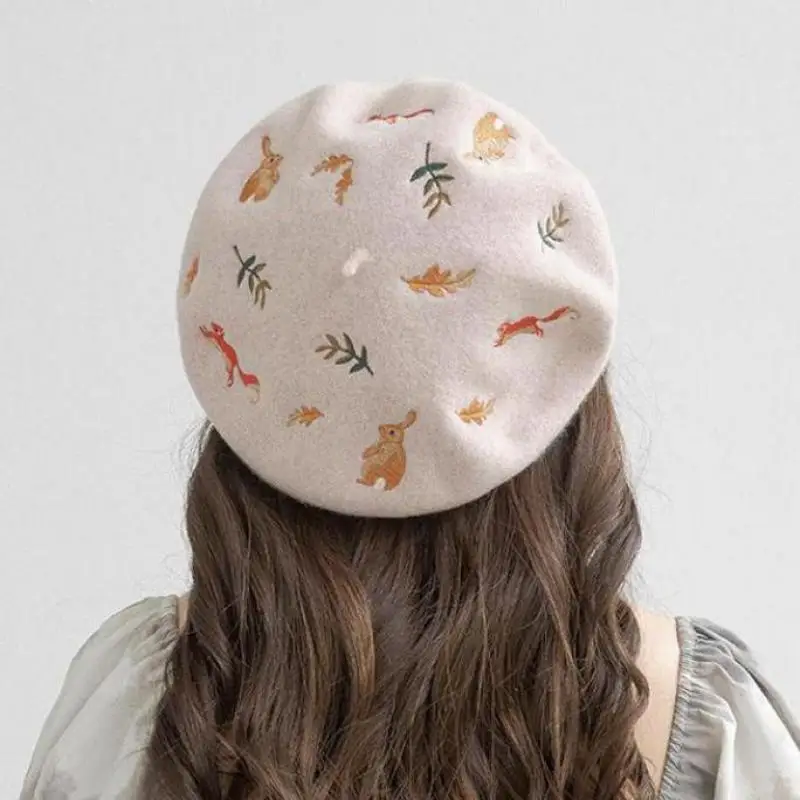 Wool Beret Women Hat Winter Embroidery Rabbit Painter Cap Beanies Vintage Female Beret Flat Cap Casual