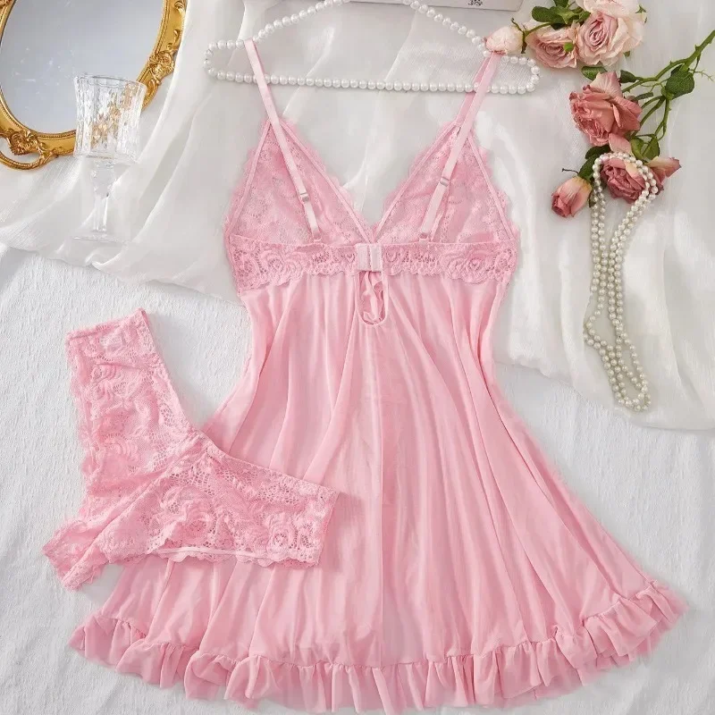 Sexy Lingerie Set Women Erotic Bra Nightdress Sexy Lace Sleepwear Solid Slim Soft Dresses V Neck Full Slip Sleepwear & Dresses