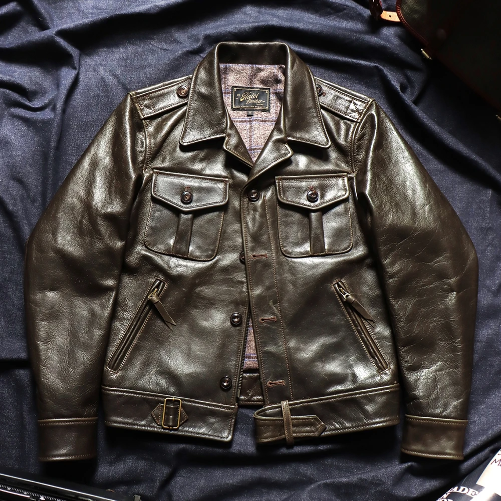 Olive Green Autumn Leather Jacket Men Military Style Plus Size 4XL Natural Cowhide Double Pockets Short Genuine Leather Coat