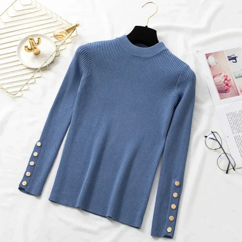 Casual autumn winter women thick pullover pullovers button long sleeve o neck chic sweater female slim knitted soft jumper tops